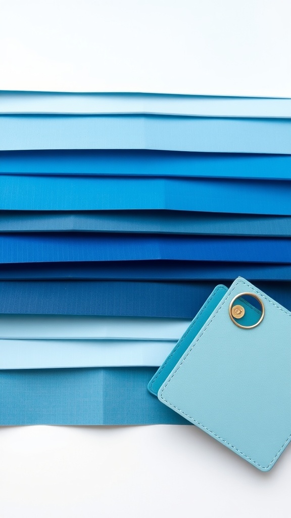 An array of blue color swatches stacked together, showing a variety of tones from light to dark blue.