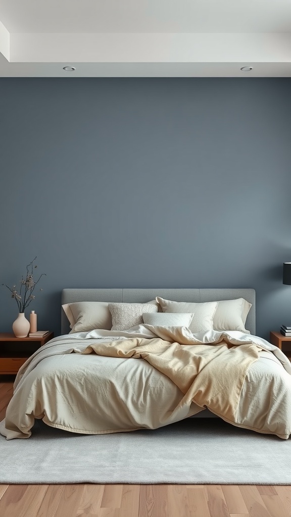 A cozy bedroom featuring a calming grayish blue accent wall, a neatly made bed with neutral bedding, and warm wooden flooring.