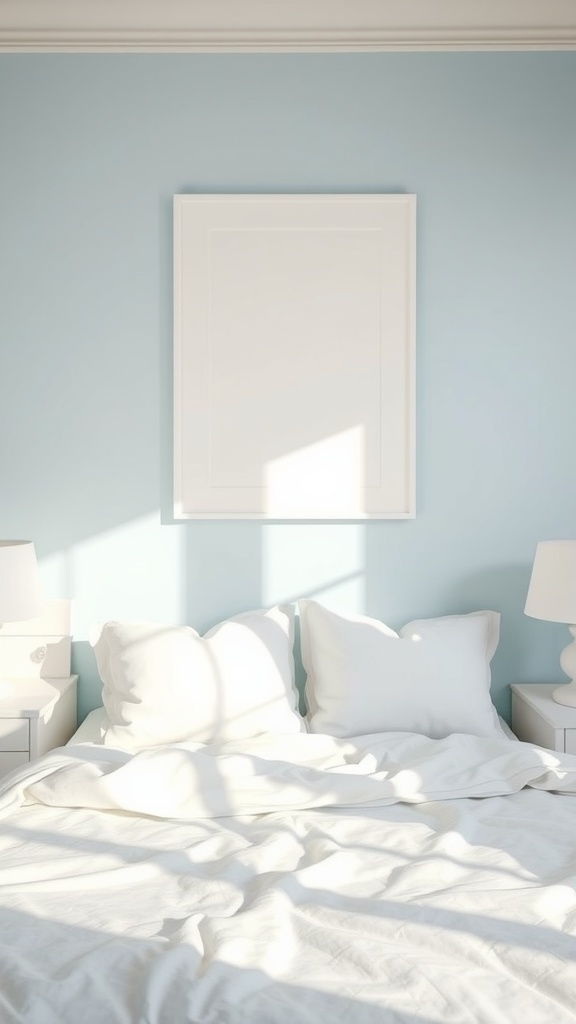 A calm bedroom featuring light blue walls, white bedding, and soft lighting.