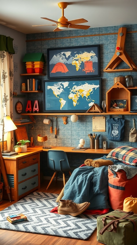 A boy's bedroom featuring camping and outdoor adventure decor, with maps, camping gear, and cozy furnishings.