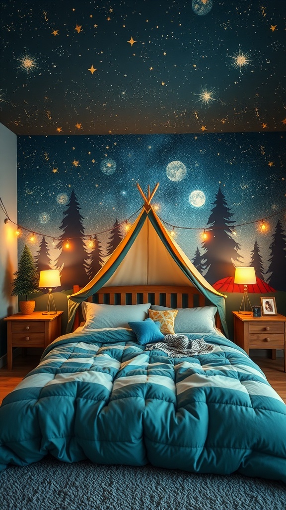 Boys bedroom styled like a camping site with a starry ceiling and a tent