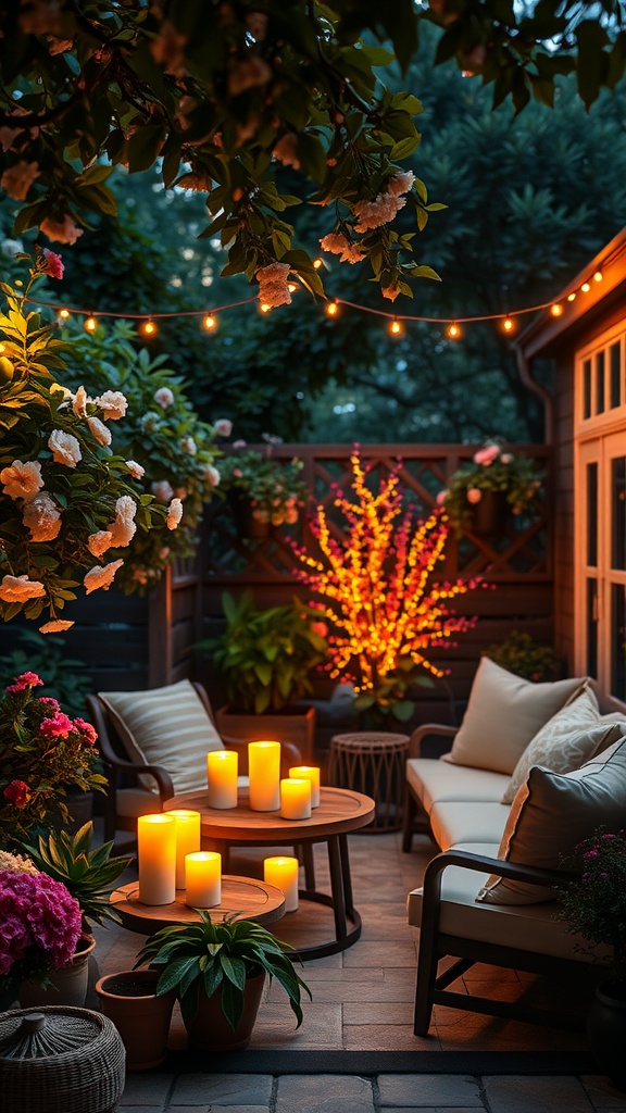 A cozy garden with candles, flowers, and string lights, creating a warm evening atmosphere.
