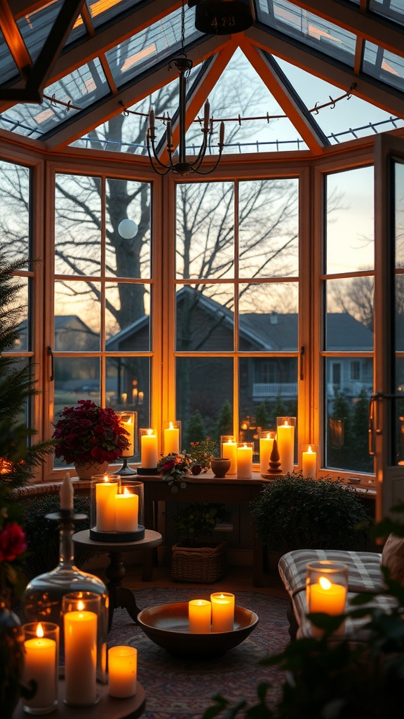A cozy sunroom filled with candles and soft lighting, creating a warm atmosphere.