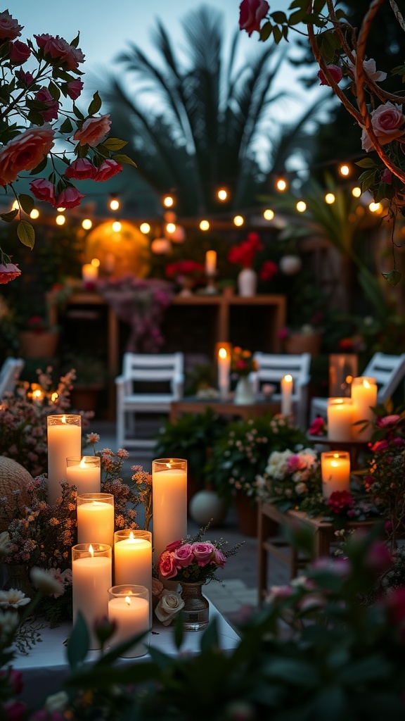 A beautifully lit bohemian garden with candles, flowers, and fairy lights at dusk.