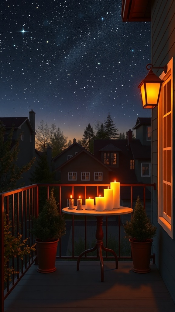 A cozy balcony scene with candles, plants, and a starry night sky.