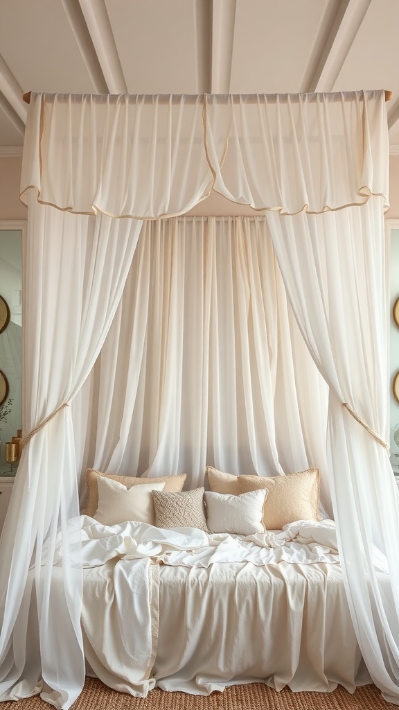 A cozy boho style canopy bed with sheer fabrics and soft pillows.