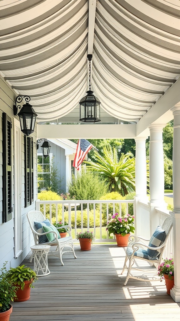 A charming farmhouse back porch with a draped canopy, wicker chairs, and blooming potted plants.