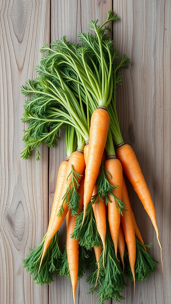 A bunch of fresh carrots with green tops resting on a wooden surface