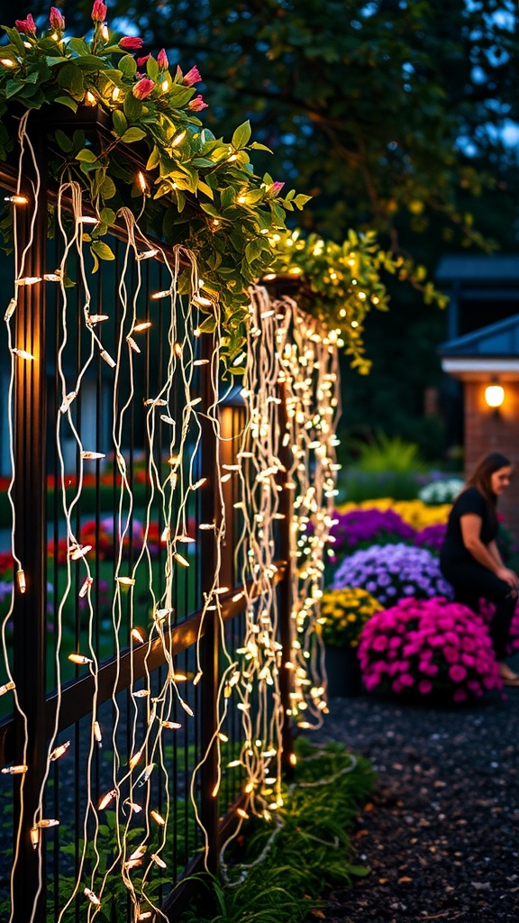 Cascading fairy lights on a garden fence with flowers in the background
