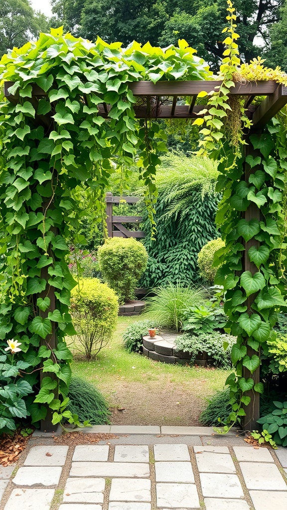 Lush archway covered in cascading green vines leading to a beautiful garden.