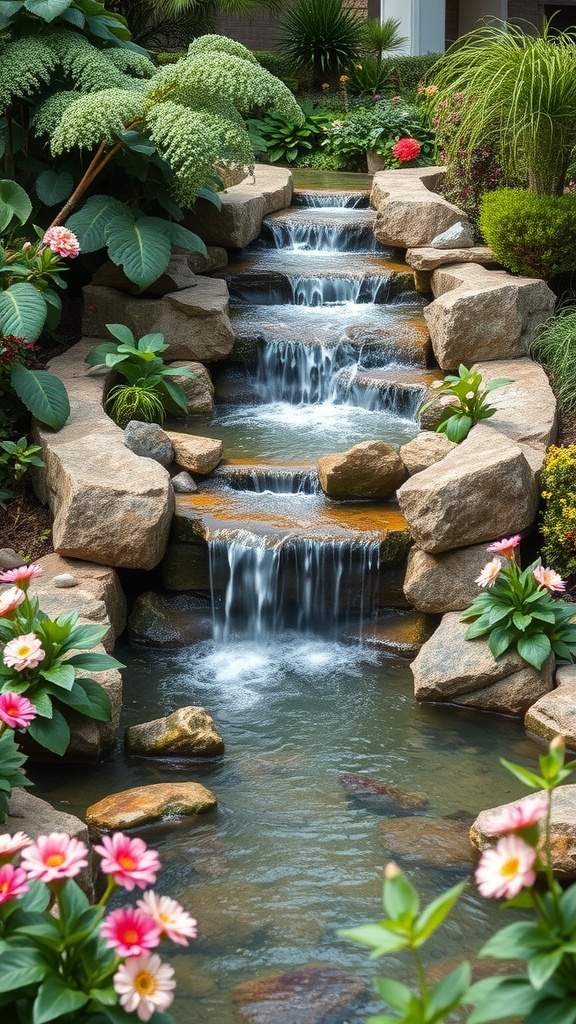 A cascading water feature surrounded by colorful flowers and lush plants in a garden.