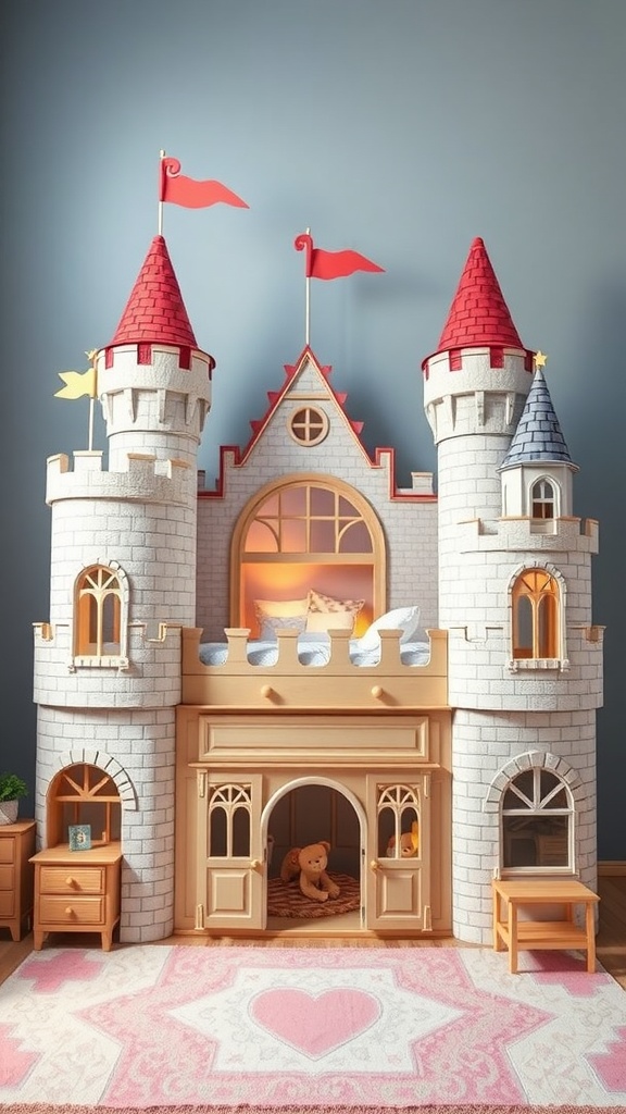 A castle-themed playhouse bed with turrets and flags, designed for children's play and sleep.