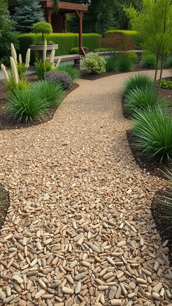 A winding pathway made of cedar chips, surrounded by lush greenery and colorful plants in a garden.