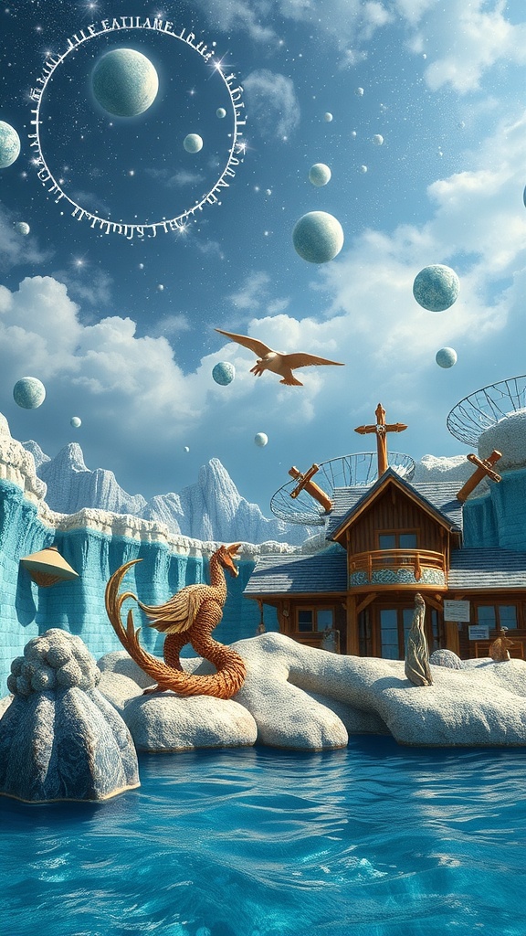 An imaginative landscape combining ocean features with celestial elements, including a wooden house and a dragon sculpture.