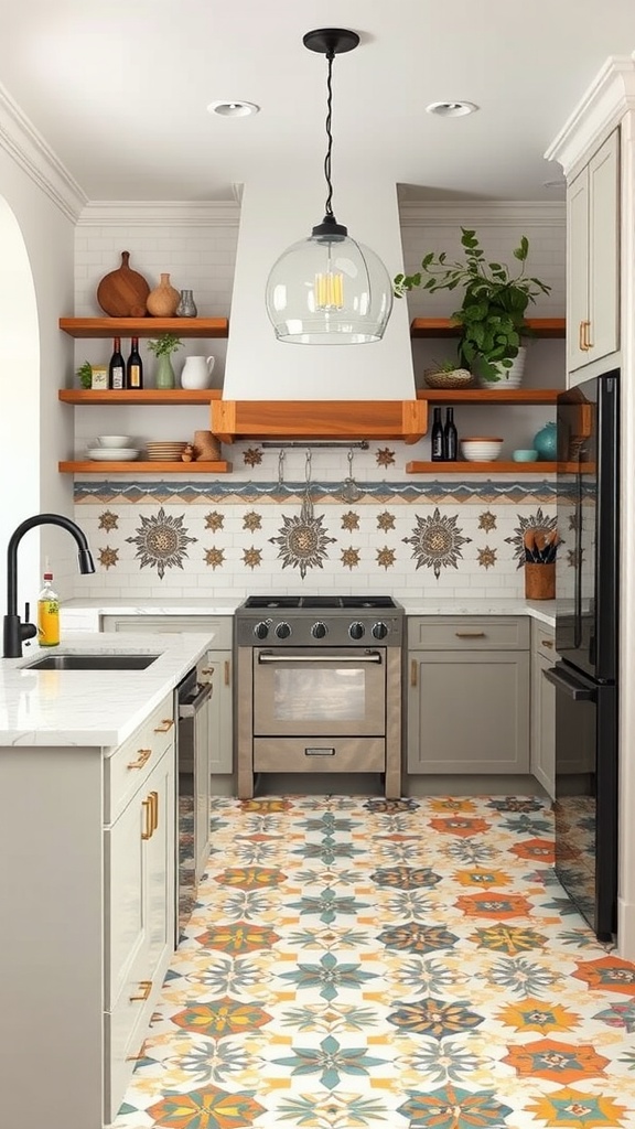 A modern farmhouse kitchen featuring colorful cement tiles with geometric patterns on the floor.