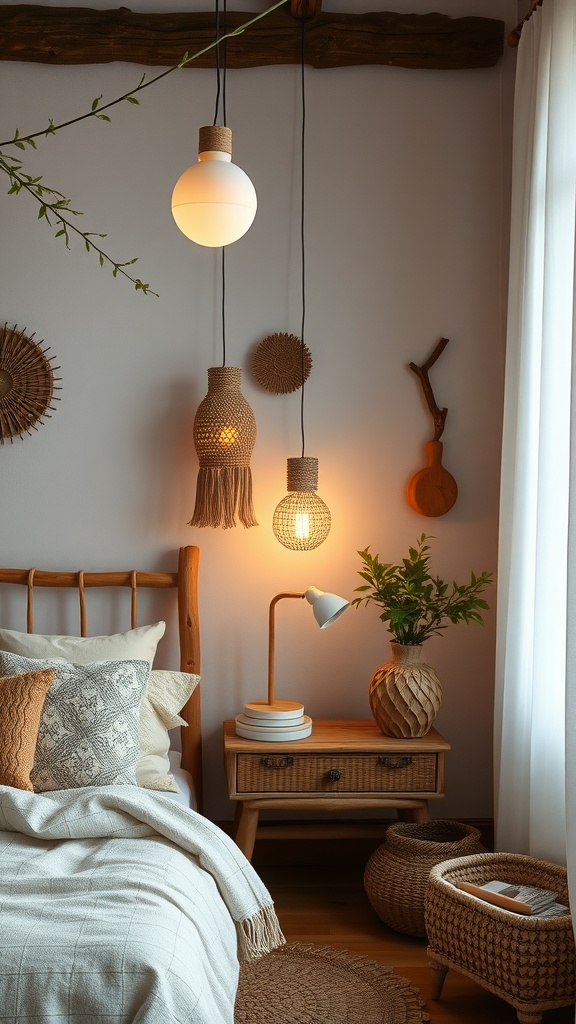 A cozy boho bedroom with ceramic and clay lights, featuring warm tones and natural elements.