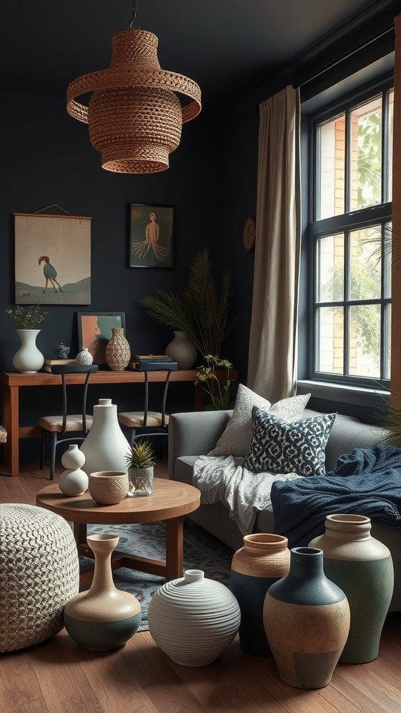 A dark boho living room featuring various ceramic and pottery decor pieces, a cozy sofa, and a warm light fixture.