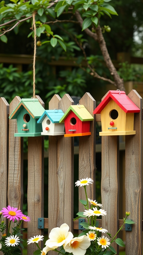 Colorful ceramic birdhouses hanging on a garden fence surrounded by flowers.