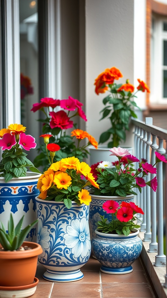 A colorful display of ceramic plant pots with various flowers on a balcony.
