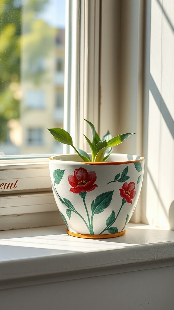 Ceramic planter pot with hand-painted floral design, placed on a windowsill with a green plant inside.