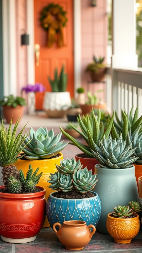 A collection of ceramic pots with various succulent arrangements on a porch, featuring vibrant colors and a bright orange door in the background.
