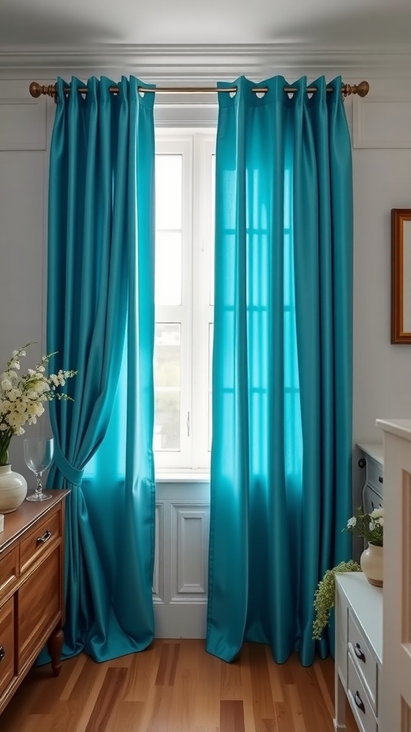 Cerulean curtains elegantly framing a window, allowing light to filter in softly.