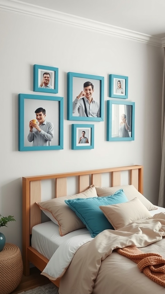 A bedroom featuring cerulean wall frames with various photos, a wooden bed with soft bedding and decorative pillows