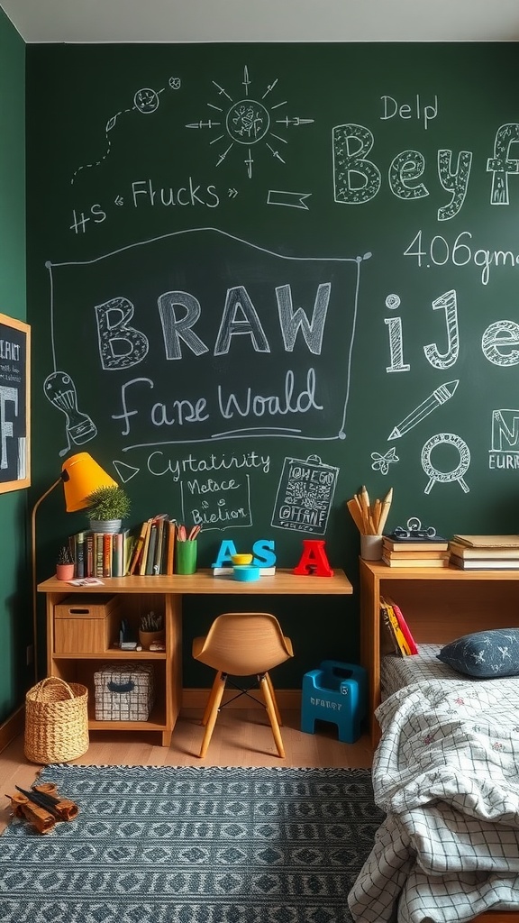 A boy's bedroom with a chalkboard paint wall featuring colorful doodles and notes, a wooden desk with books, and a cozy bed.