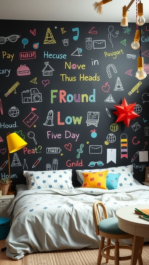 Colorful chalkboard wall filled with doodles and playful text in a cozy bedroom