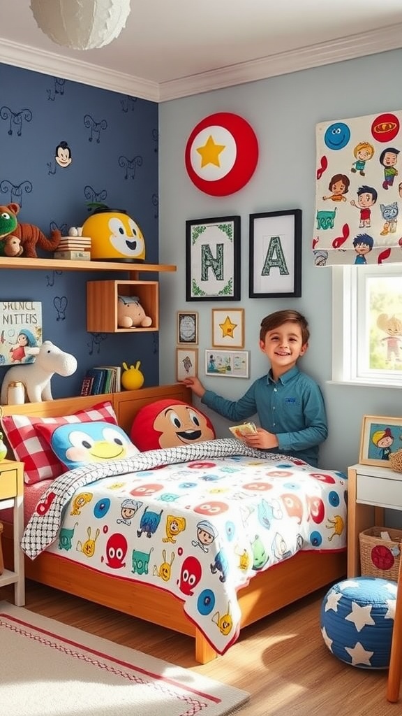 A colorful twin boys bedroom with character-themed decor, featuring playful bedding and cheerful wall designs.