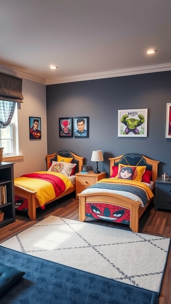 Twin boys bedroom featuring character-themed bed frames with superhero designs.