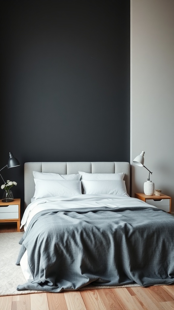 A modern farmhouse bedroom with a charcoal accent wall and white bedding.