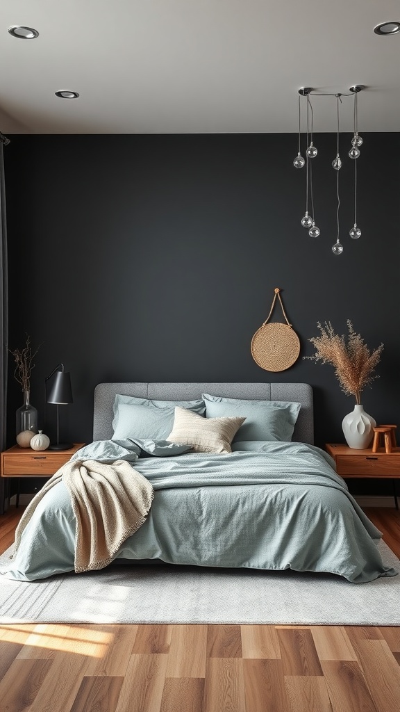 A cozy bedroom featuring a charcoal accent wall, wooden furniture, and soft blue bedding.