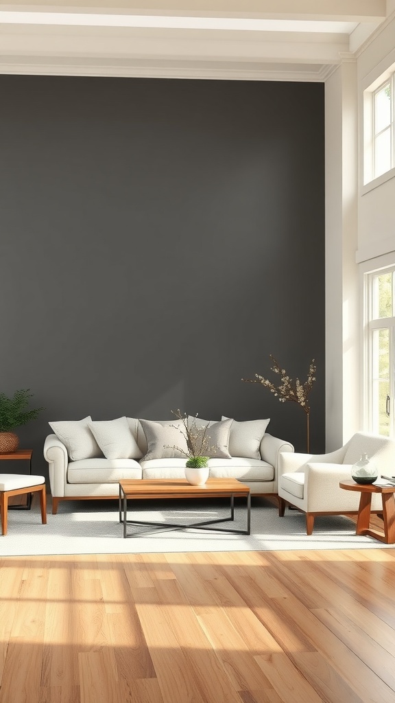Living room with a charcoal gray accent wall, light furniture, and natural light
