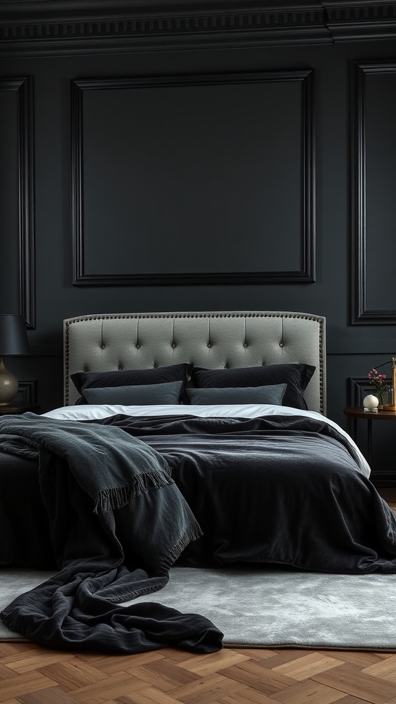 A dark and moody bedroom featuring a charcoal gray wall, velvet bedding, and a stylish headboard.