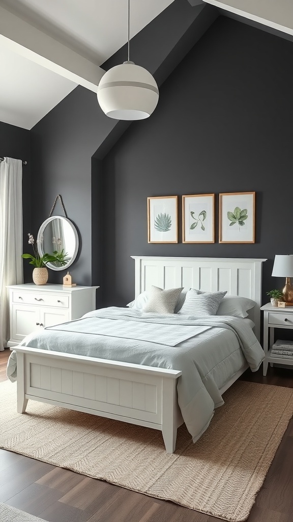A modern farmhouse bedroom featuring a charcoal gray wall, white furniture, and natural decor