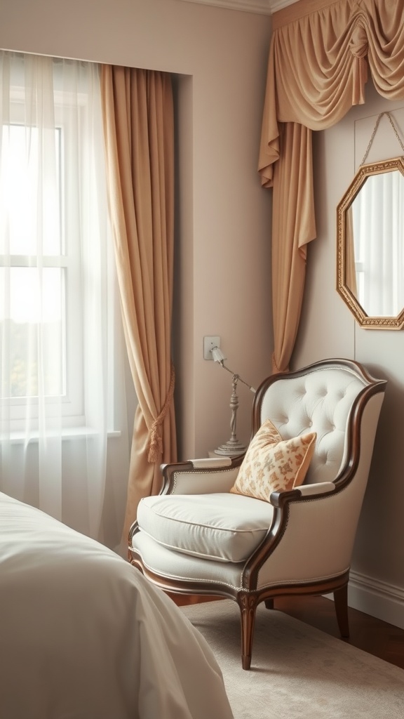Elegant accent chair in a feminine bedroom setting with soft curtains and a decorative mirror.