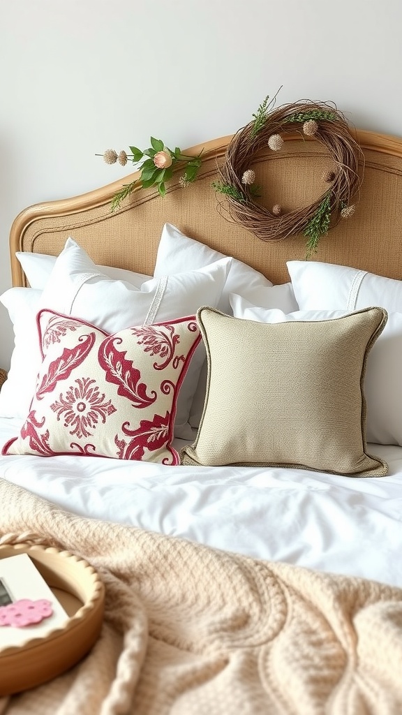 A cozy farmhouse chic bedroom featuring accent pillows on a bed with a decorative wreath above the headboard.
