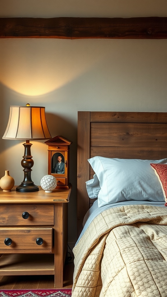 A cozy farmhouse bedroom featuring a wooden bedside table with a lamp and family photo.