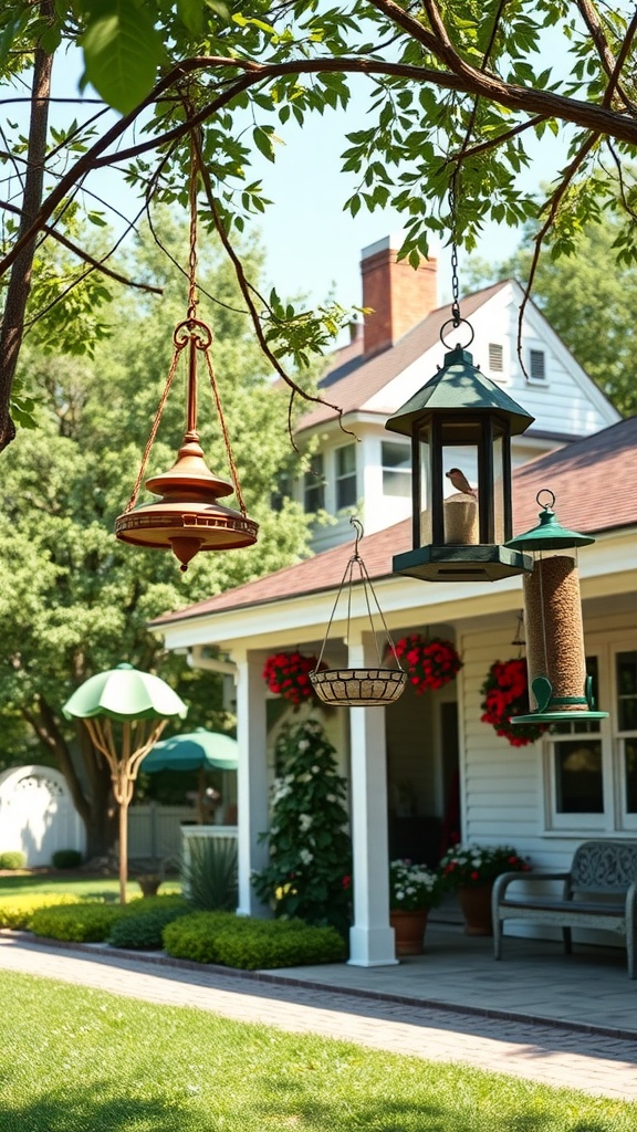 A charming farmhouse patio featuring multiple bird feeders hanging from a tree, surrounded by greenery and flowers.