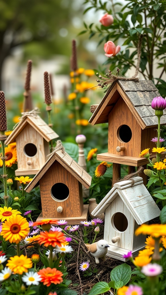 A collection of charming wooden birdhouses surrounded by colorful flowers in a garden setting.