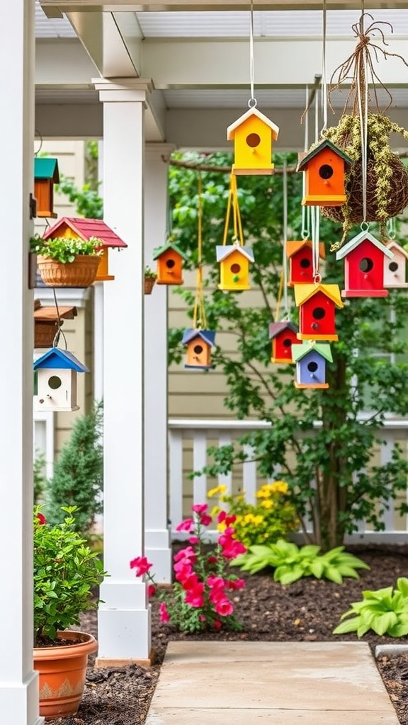 Charming birdhouses hanging from a porch ceiling with colorful flowers and greenery below.