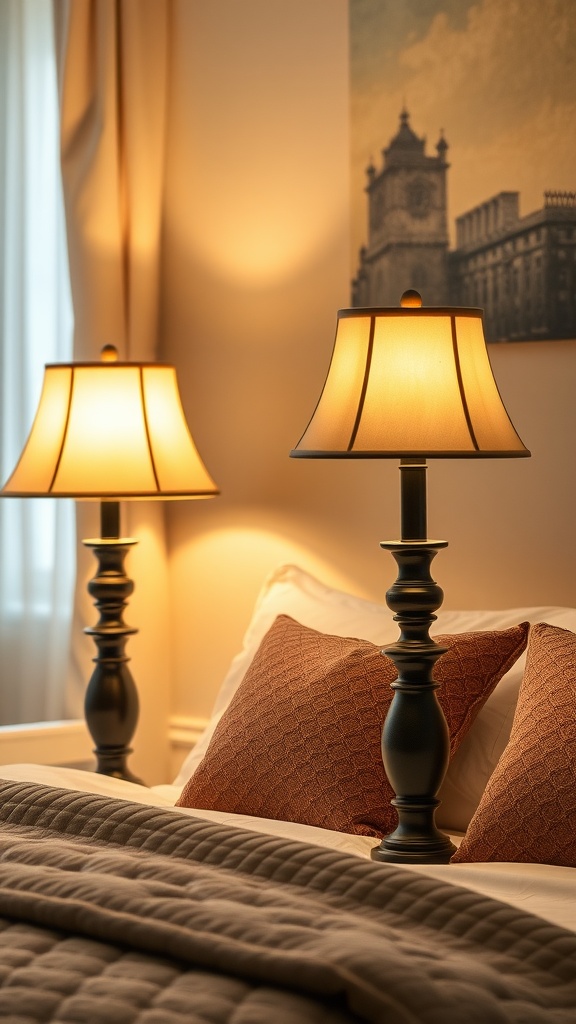 Two black table lamps with cream shades beside a bed with warm-toned pillows and a cozy blanket