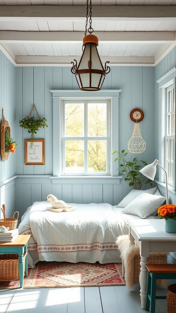 A charming blue cottage-style bedroom with a cozy bed, soft lighting, and decorative plants.
