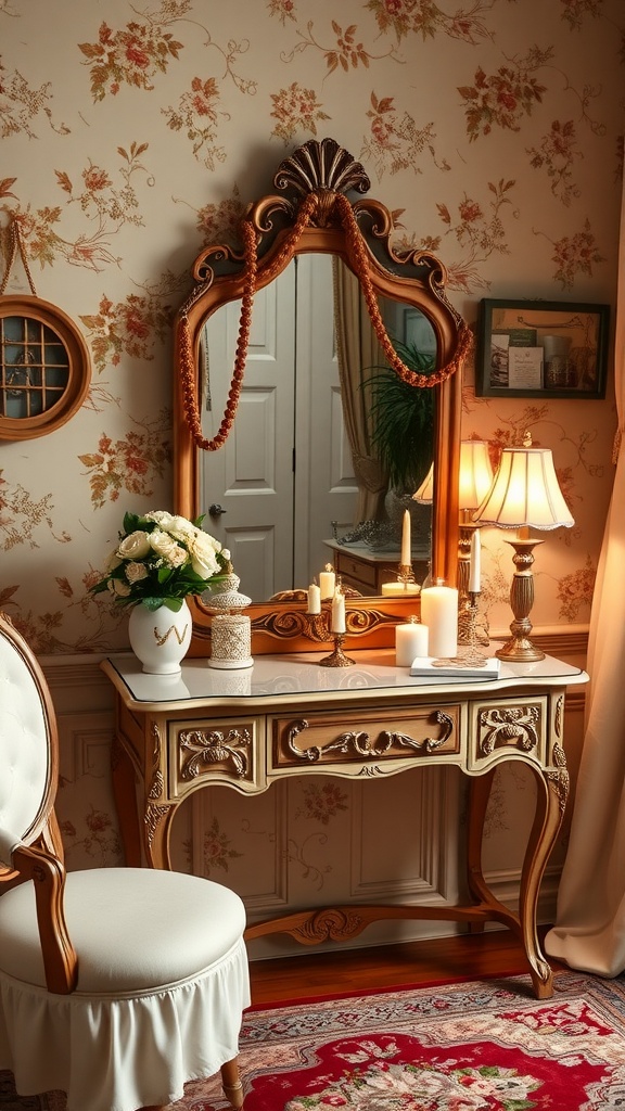 A charming boudoir vanity with ornate mirror, elegant lamp, and floral arrangement.