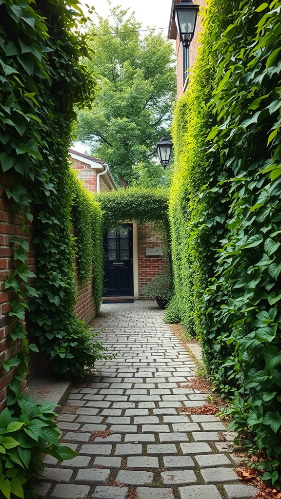 A charming cobblestone path lined with ivy and brick walls, leading to a dark door.