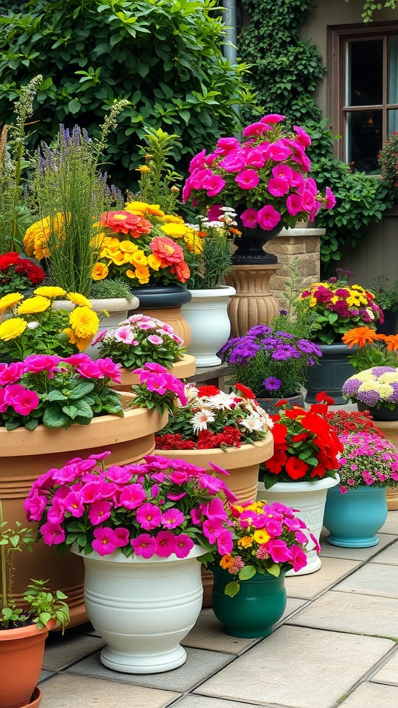 Vibrant container garden filled with a variety of colorful flowers in different pots.