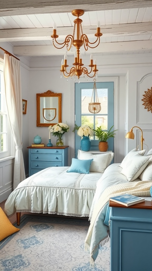 A cozy bedroom featuring soft blue and gold decor with a chandelier and potted plants.