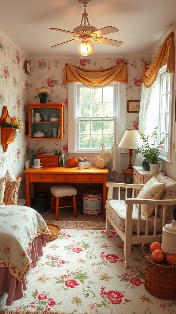 A cozy and charming bedroom with floral wallpaper, a writing desk, and a comfortable seating area
