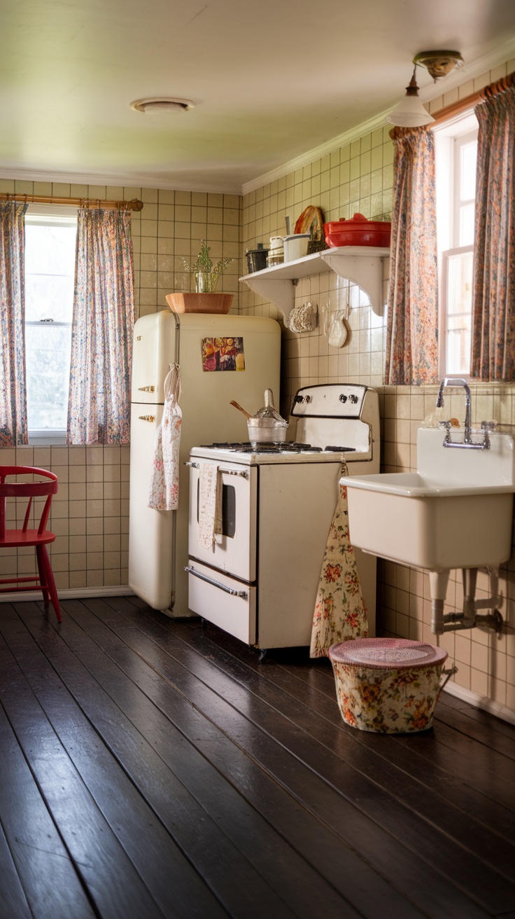 Charming country kitchen featuring dark stained wood plank flooring, vintage appliances, and floral decor.